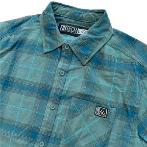 Fintech Men’s Size Large Green Plaid Button‎ Up Shirt Fishing Outdoors Casual